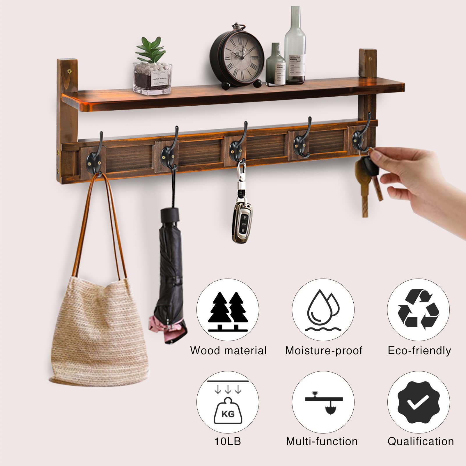 Popin Lover Coat Rack Wall Mount with Shelf, 28.9 Inches Coat Hooks Wall Mounted with 5 Hooks, Hat Wall Hooks for Hanging in Entryway, Living Room, Bathroom, Bedroom