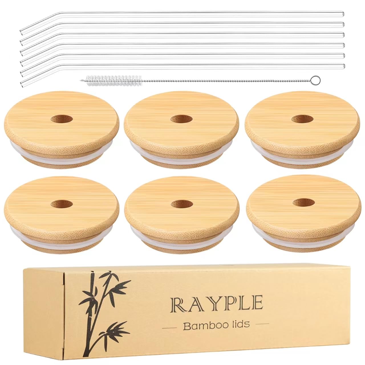 6 Pack Bamboo Lids for Glass Cups, Fit for 16oz 20oz Beer Can Glass and Regular Mouth Mason Jars, Natural Bamboo Lids with Straw Hole