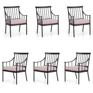 phi villa outdoor metal steel dining chairs with cushion, black heavy-duty weatherproof armchairs for patio, deck, yard - set of 6