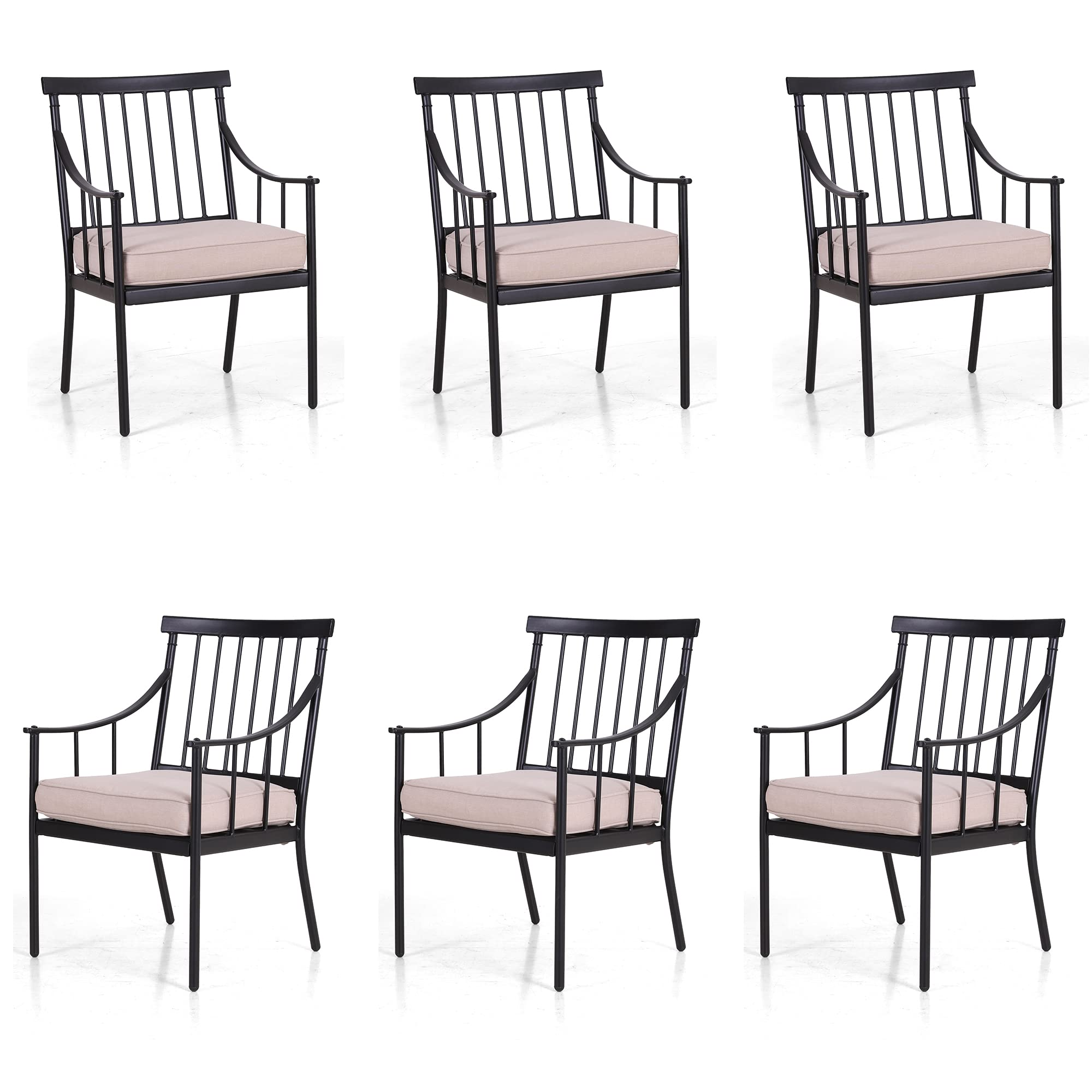 PHI VILLA Outdoor Metal Steel Dining Chairs with Cushion, Black Heavy-Duty Weatherproof Armchairs for Patio, Deck, Yard - Set of 6