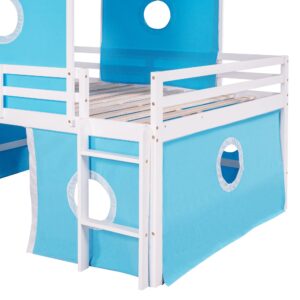 Harper & Bright Designs House Loft Bed with Slide and Tent, Full Size Loft Bed with Small Pinnacle and Ladders, Wood Bunk Bed, Playhouse Bed Frame for Kids, Teens, Boys & Girls (Full Size, Blue)