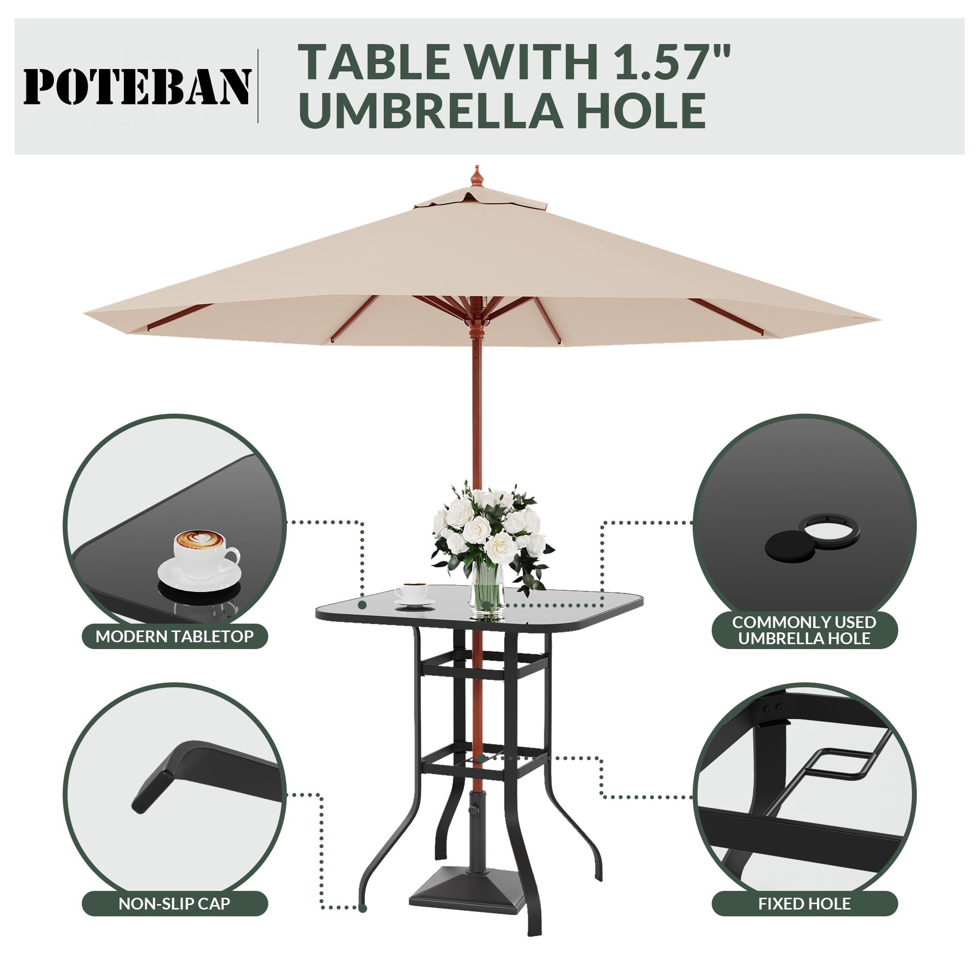 Poteban Outdoor Bar Height Table and Chairs Set for 2, All Weather Patio High Top Bar Set with 2 Bar Chairs and Glass Table for Backyard, Bistro, Lawn, Porch and Pool (Brown)