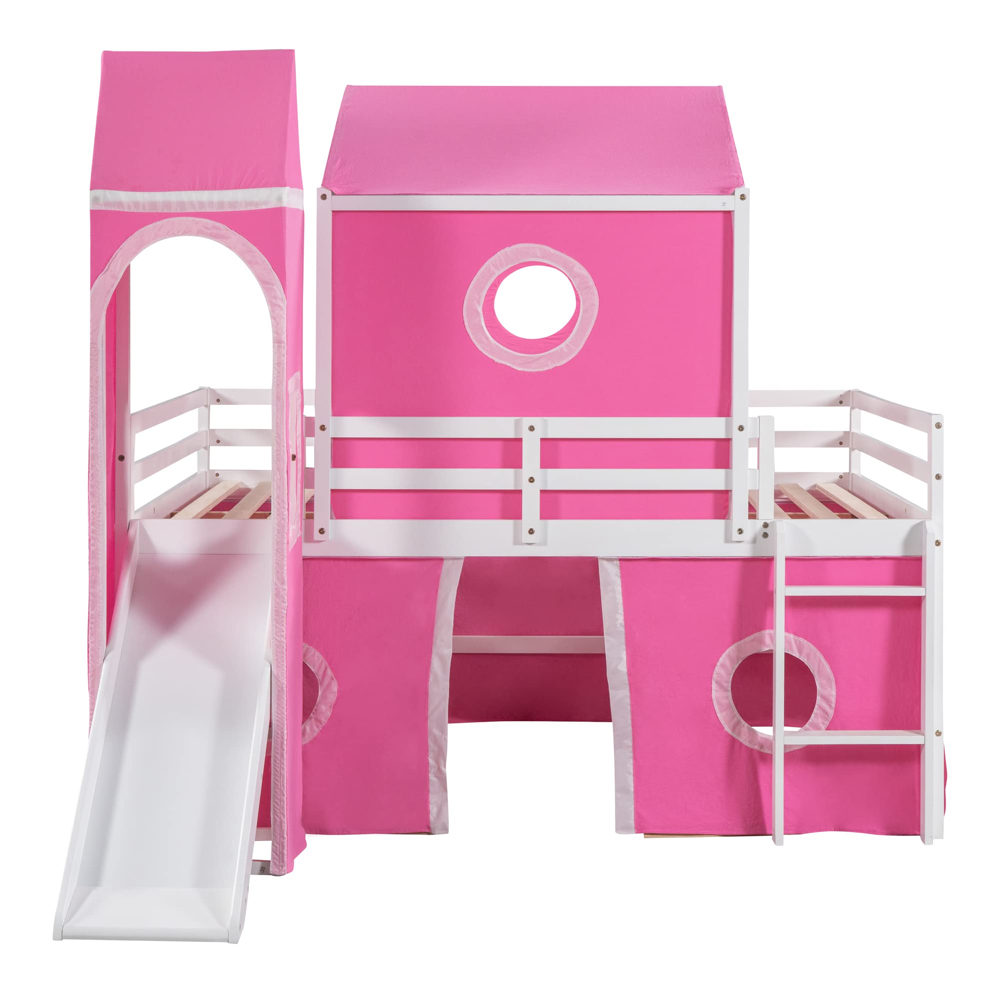 Harper & Bright Designs Full Size Low Loft Bed with Slide & Curtains and Tower, Solid Wood Loft Bed Frame with Tent, Full Over Full Floor Bunk Bed for Kids Girls Boys (Pink)