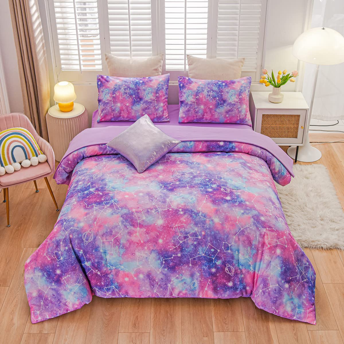 NTBED Galaxy Comforter Set Soft Microfiber Constellation Glitter Printing Bedding Sets for Teens Boys Girls Kids (Purple, Twin6pcs)