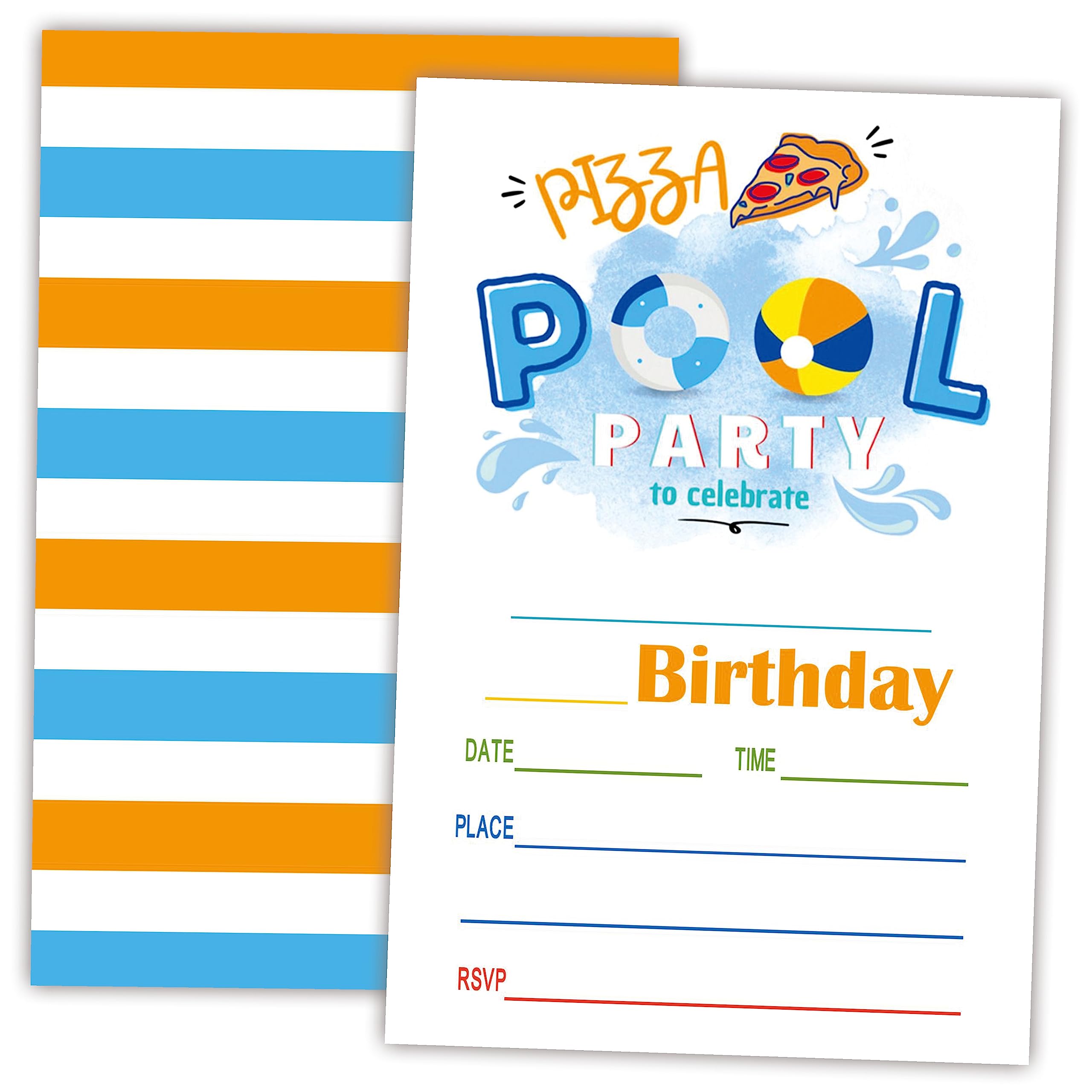 AWSICE Pizza Pool Party Birthday Invitations, Summer Double-Sided Fill-In Invite Cards For Birthday Party, 20 Invitations With Envelopes, Decorations,Party Favor And Supply-A37