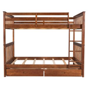 Harper & Bright Designs Full Over Full Bunk Bed with Storage Drawers, Solid Pine Wood Frame and Ladder with Guard Rails for Kids, Teens, Boys and Girls, No Box Spring Needed, Bunk Bed Walnut