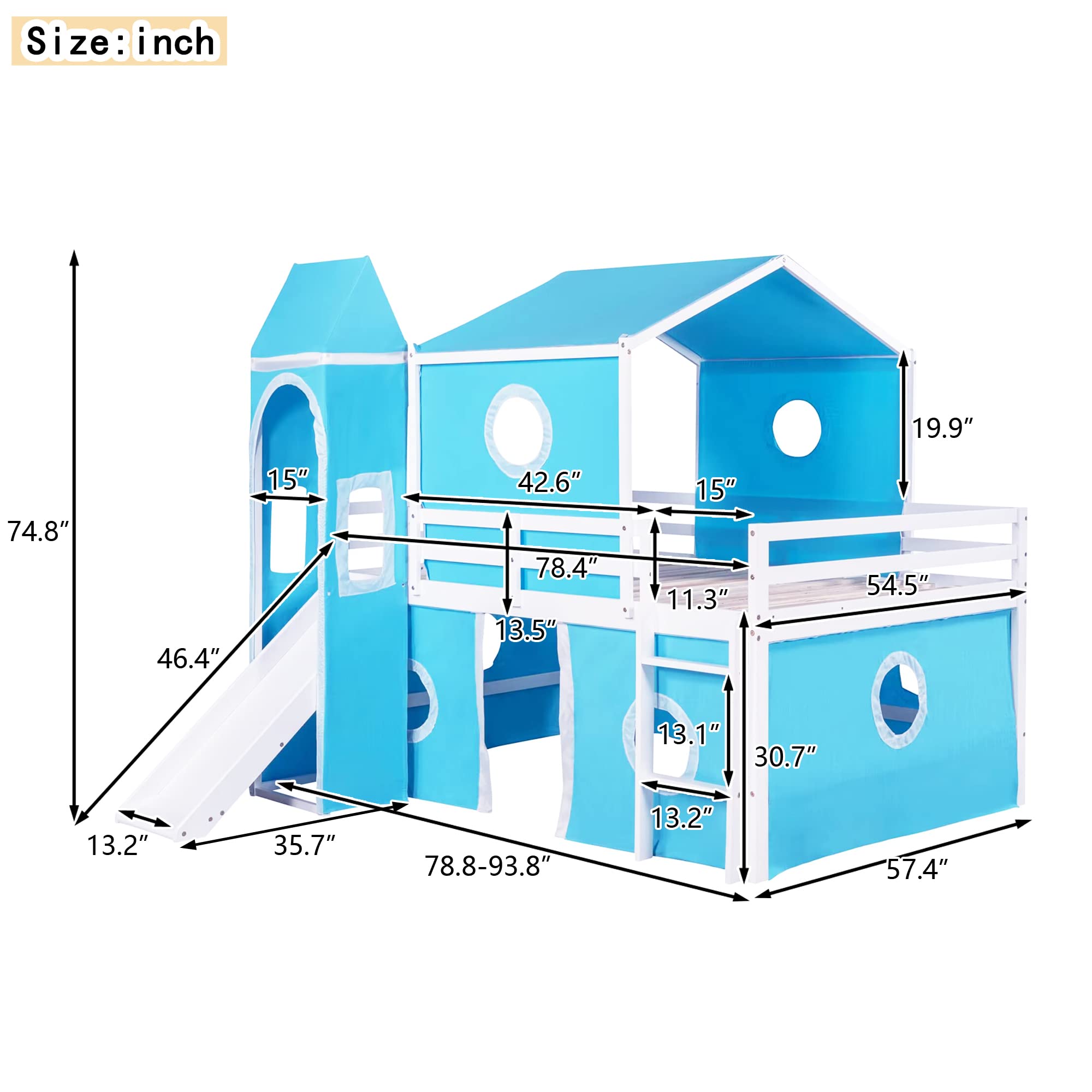 Harper & Bright Designs House Loft Bed with Slide and Tent, Full Size Loft Bed with Small Pinnacle and Ladders, Wood Bunk Bed, Playhouse Bed Frame for Kids, Teens, Boys & Girls (Full Size, Blue)