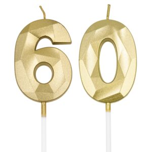 60th birthday candles for cake, gold number 60 3d diamond shaped candle birthday decorations party supplies for women or men