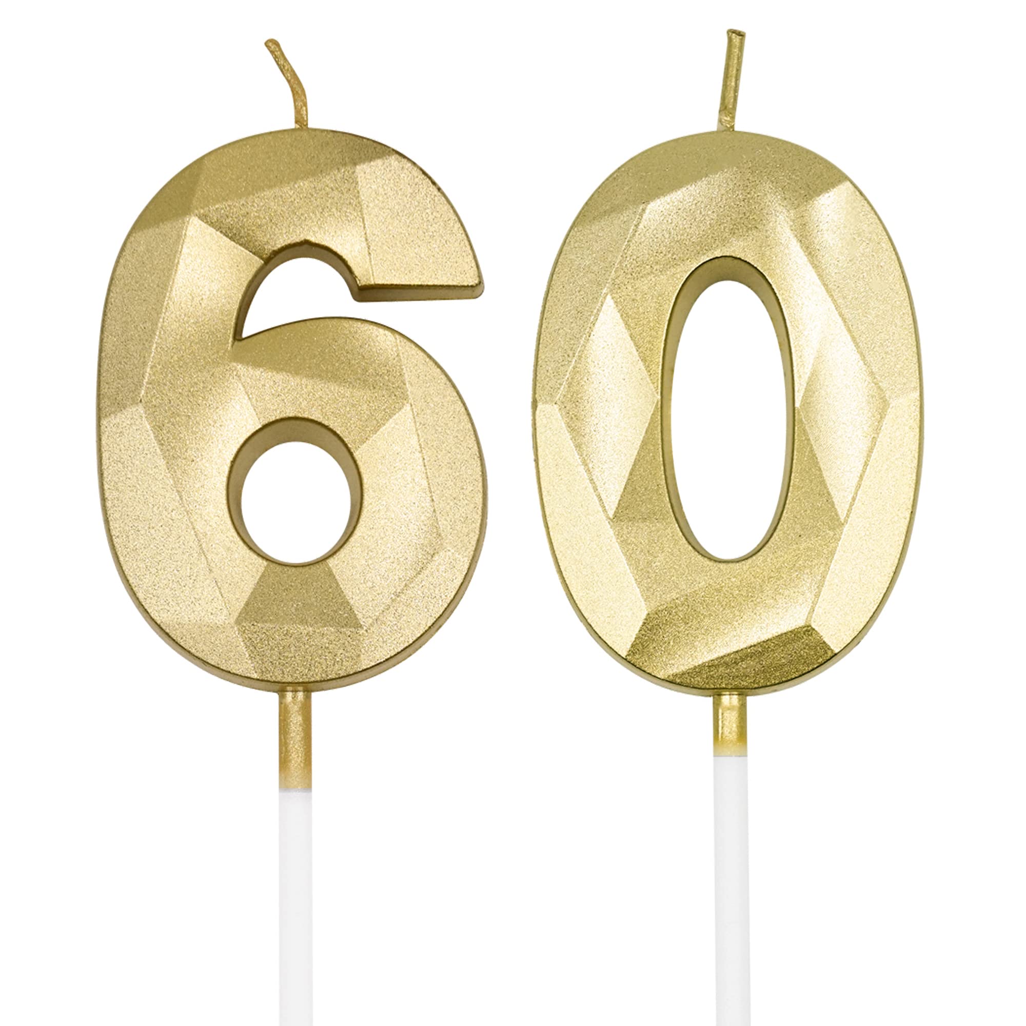 60th Birthday Candles for Cake, Gold Number 60 3D Diamond Shaped Candle Birthday Decorations Party Supplies for Women or Men