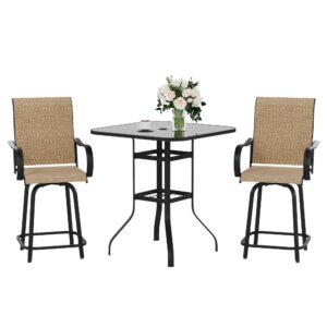 Poteban Outdoor Bar Height Table and Chairs Set for 2, All Weather Patio High Top Bar Set with 2 Bar Chairs and Glass Table for Backyard, Bistro, Lawn, Porch and Pool (Brown)