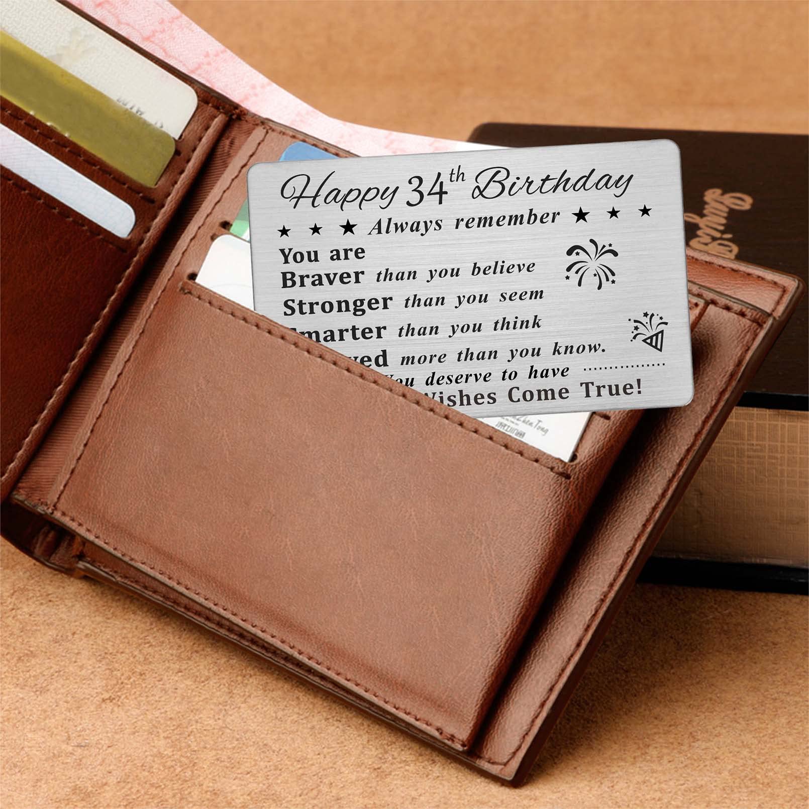 DEGASKEN Happy 34th Birthday Card - Birthday Gifts for 34 Year Old Men Women - 34th Birthday Decorations for Him Her, Permanent Engravend Wallet Card