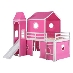 Bellemave Low Full Loft Bed with Slide and Curtains, Full Over Full Floor Bunk Bed with House Shape Tent and Tower, Wood Castle Style Loft Beds for Kids Boys Girls, Pink