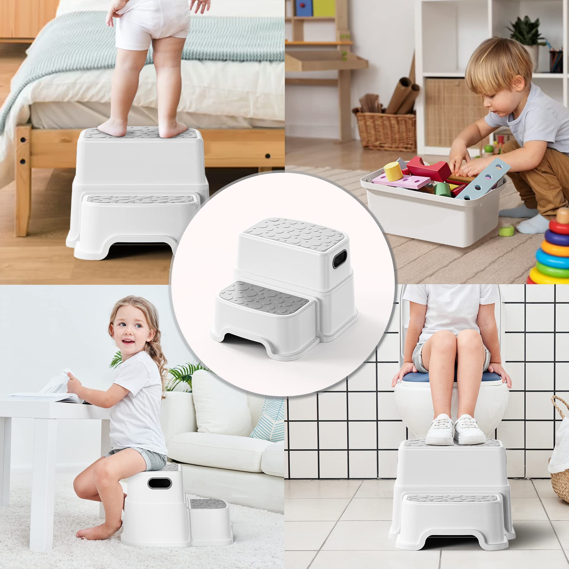 UNCLE WU 2 Step Stool for Kids -Toddler Step Stool Hepler for Bathroom Sink-Dual Height 9.5" Non-Slip for Potty Training, Kitchen, Bedroom & Classroom (Gray White)