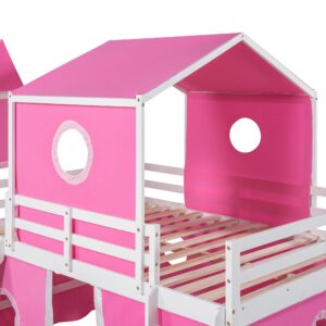 Harper & Bright Designs Full Size Low Loft Bed with Slide & Curtains and Tower, Solid Wood Loft Bed Frame with Tent, Full Over Full Floor Bunk Bed for Kids Girls Boys (Pink)