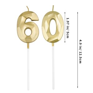 60th Birthday Candles for Cake, Gold Number 60 3D Diamond Shaped Candle Birthday Decorations Party Supplies for Women or Men