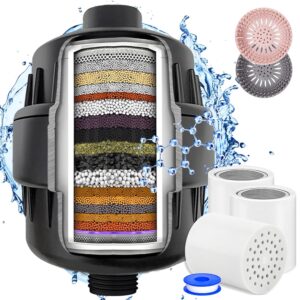 shower filter, 20 stage shower head filter for hard water high output shower water filter shower water softener with 3 replaceable filter cartridges reduce chlorine, dry skin, itchy scalp -black