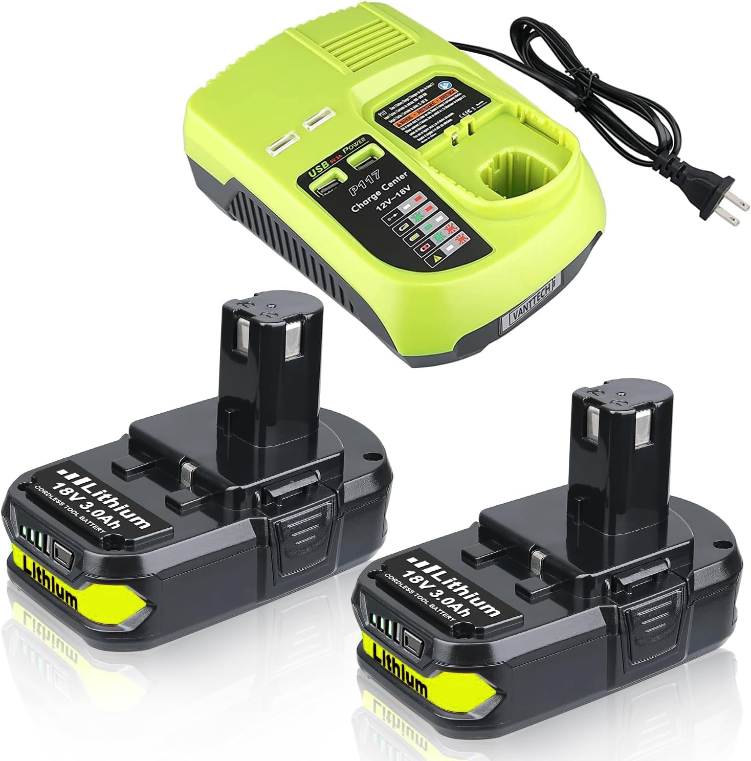 VANTTECH 2Pack P102 18V 3.0Ah Lithium Replacement Battery & P117 3A Fast Charger Compatible for Ryobi 18V Battery P103 P104 P105 P107 P108 P109 Compatible with Ryobi 18Volt Plus Power Cordless Tools