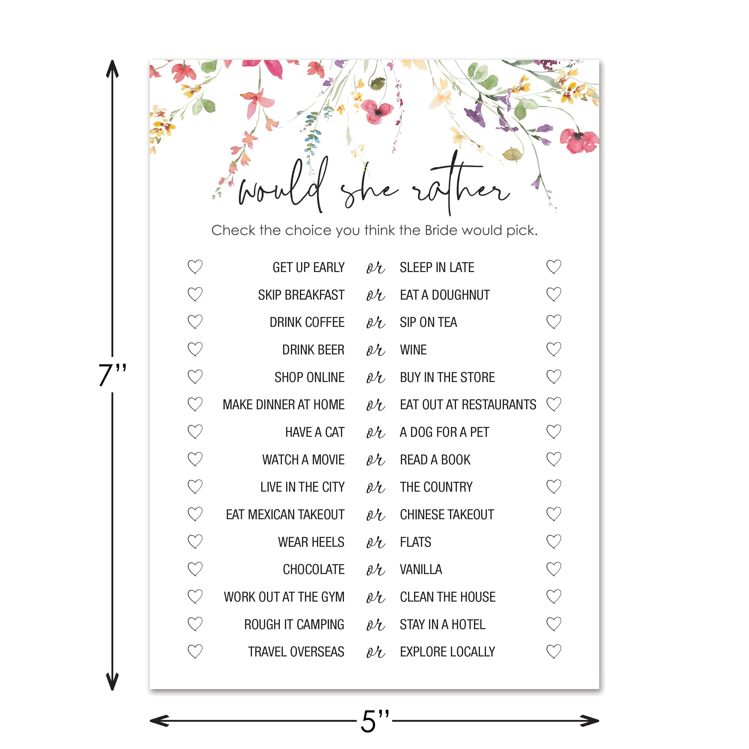 InvitationHouse 24 Wildflower Floral Bridal Shower Games (Would She Rather)