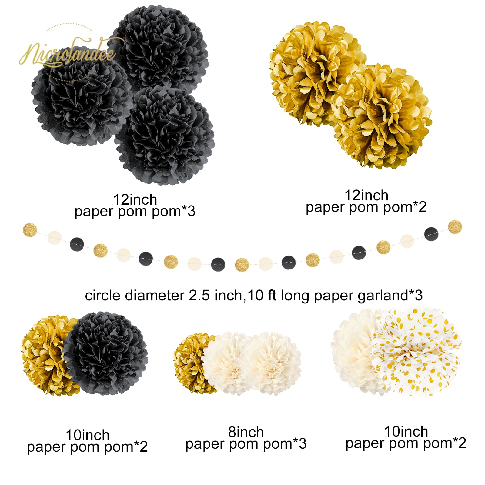 NICROLANDEE Black Gold Party Decorations, 15 PCS Tissue Paper Pom Poms Kit for 2025 New Year Party, Wedding, Birthday, Engagement, Graduation Party Decor, Paper Garland Flower Ball Ceiling Wall Decor