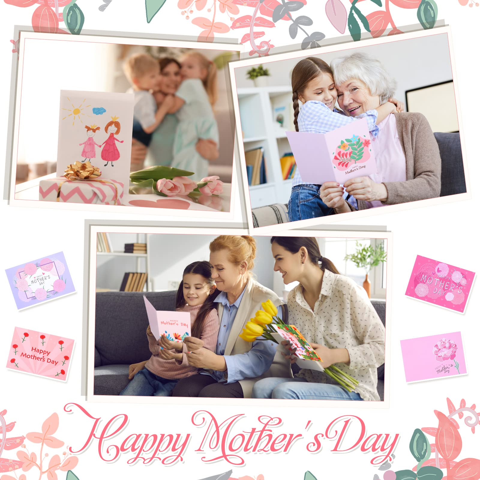 TaoBary 100 Pcs Happy Mother's Day Cards Assorted Blank Mother's Day Greeting Cards Notecards Bulk Floral Small Note Card with Envelopes and Stickers for Mom Present Birthday, 4 x 6 Inch, 10 Designs