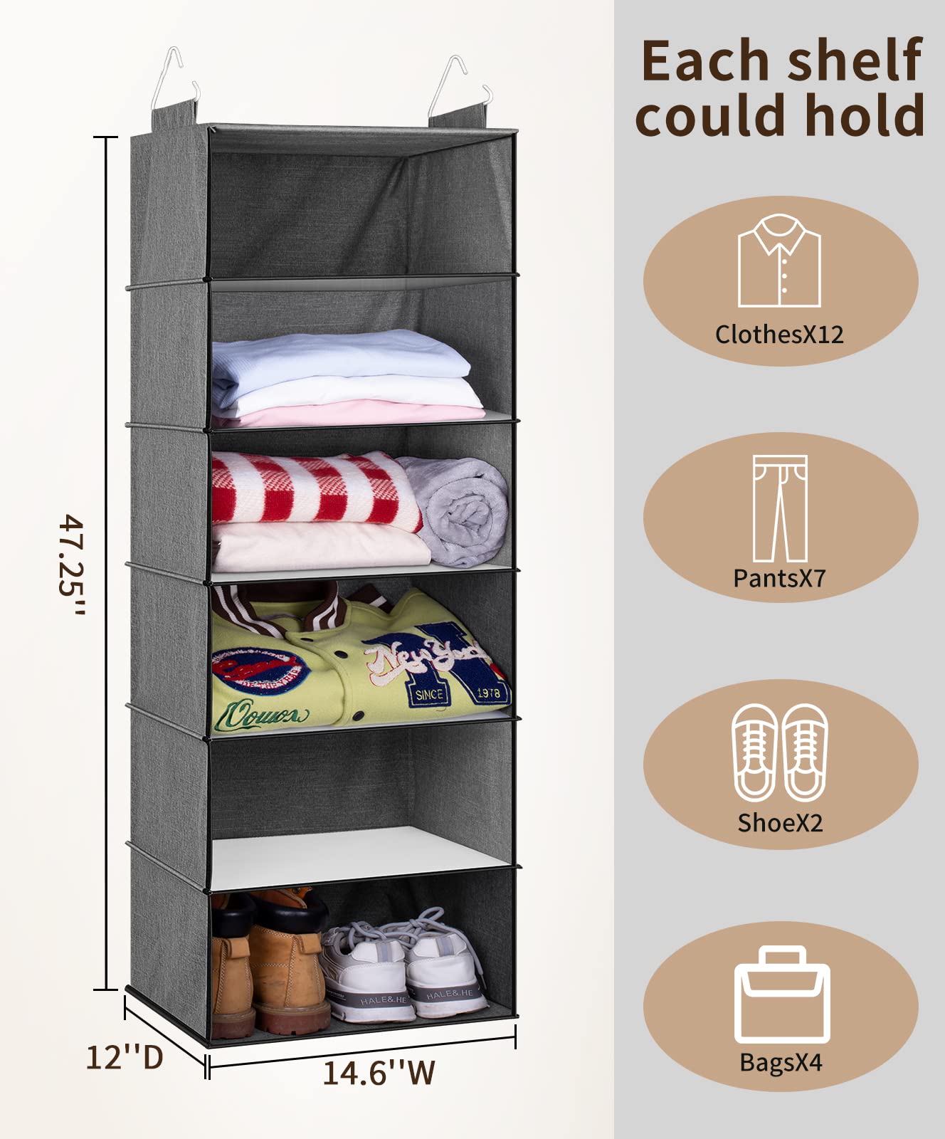 SLEEPING LAMB 6 Shelves Jumbo Hanging Closet Organizer and Storage, Hanging Clothes Organizer for Sweaters, Blankets and Coats in Wardrobe, Bedroom, Living Room, Grey