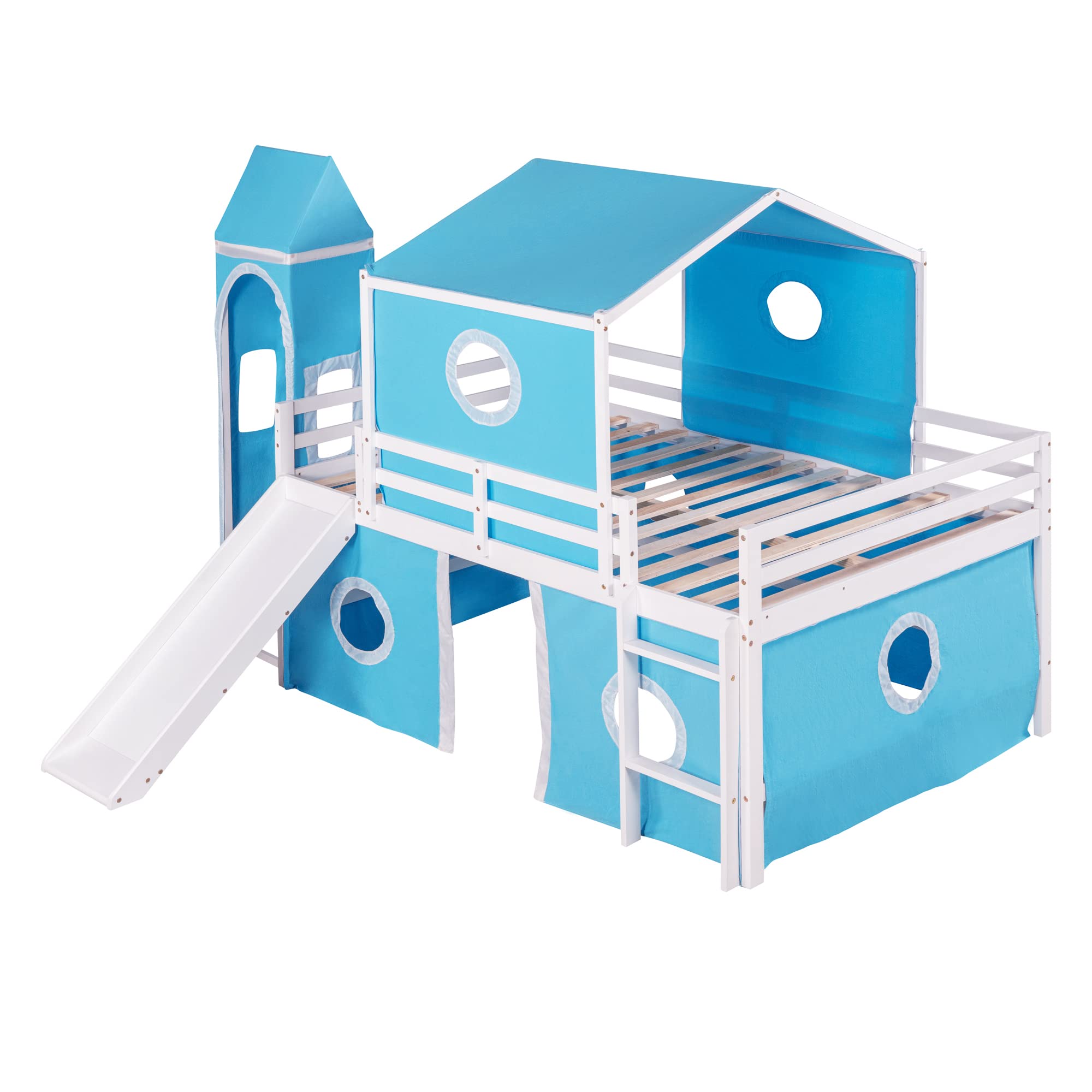 Harper & Bright Designs House Loft Bed with Slide and Tent, Full Size Loft Bed with Small Pinnacle and Ladders, Wood Bunk Bed, Playhouse Bed Frame for Kids, Teens, Boys & Girls (Full Size, Blue)