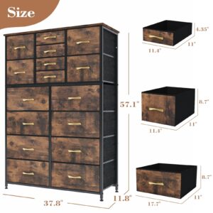 Finnhomy 16 Drawers Dresser for Bedroom, Tall Dressers & Chests of Drawers with Wood Top, Large Fabric Storage Dresser for Bedroom/Living Room/Entryway/Closet, 38" W x 11.8" D x 57.1" H, Rustic Brown