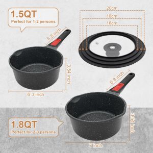 Bobikuke 1.8 Quart Saucepan with Lid, Nonstick Sauce Pan Small Soup Pots for Cooking, Sauce Pot with Lid Compatible for All Stoves, Milk Pan with Removeable Handle, Oven& Dishwasher Safe(Black)