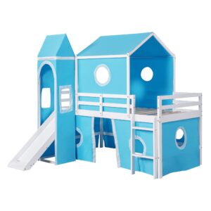 Bellemave Low Loft Bed with Slide and Curtains Twin Over Twin Floor Bunk Bed with House Shape Tent and Tower, Wood Castle Style Loft Beds for Kids Boys Girls, Blue