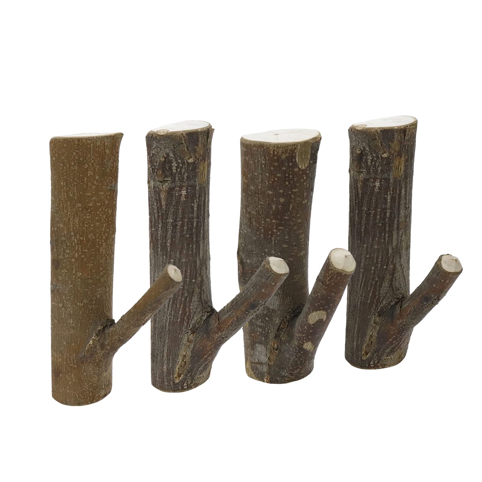 Tsnamay 4Pcs Real Wood Tree Branch Wall Hook,Farmhouse Rustic Decorative Wooden with Bark Trunk Thickness 2cm-3cm,Self Adhesive