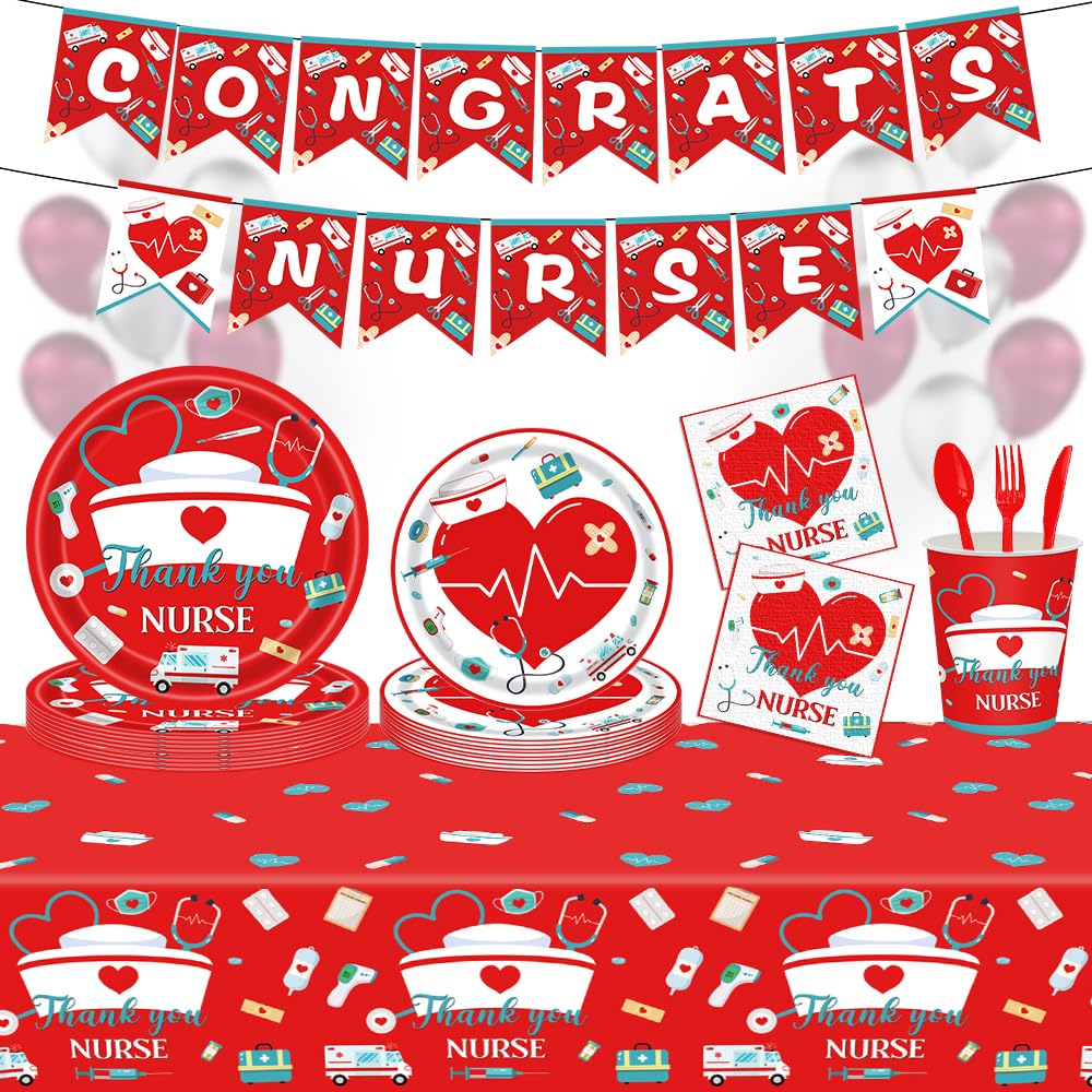 LOONELO 52pcs Thank You Nurse Party Supplies, Happy National Nurses Appreciate Week Table Party Decorations, Disposable RN Graduation Congrats Tableware Set Plates,Napkins,Cups