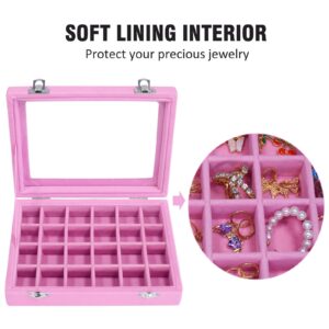 Vicoter Velvet Jewelry Box 24 Grid Jewelry Ring Display Organiser Box Tray Holder Earrings Storage Case for Girls Wife Mom Women (Pink)