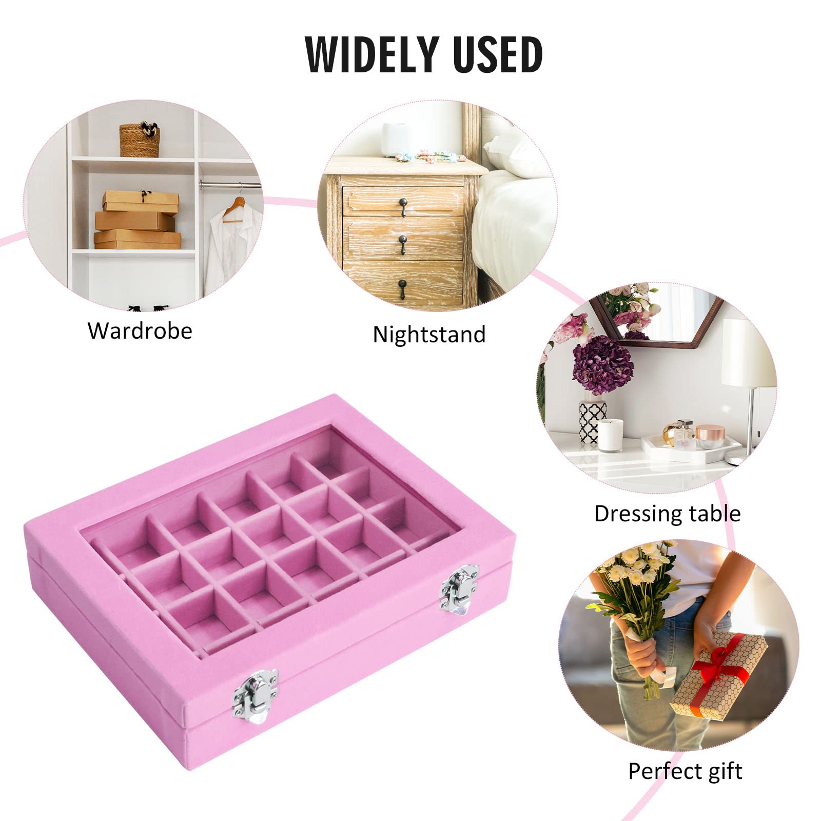 Vicoter Velvet Jewelry Box 24 Grid Jewelry Ring Display Organiser Box Tray Holder Earrings Storage Case for Girls Wife Mom Women (Pink)