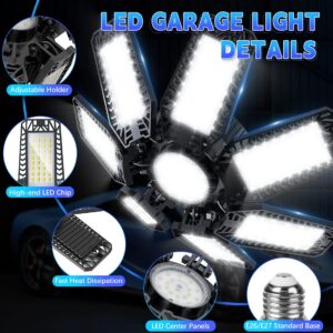 2 Pack LED Garage Light 200W, Led Workshop Ceiling Light 20000LM 6500k, Daylight Ultra Bright Garage Lighting, E26/E27 Base Basement Bulb Deformable 7+1 Adjustable Panels Garage Ceiling Light