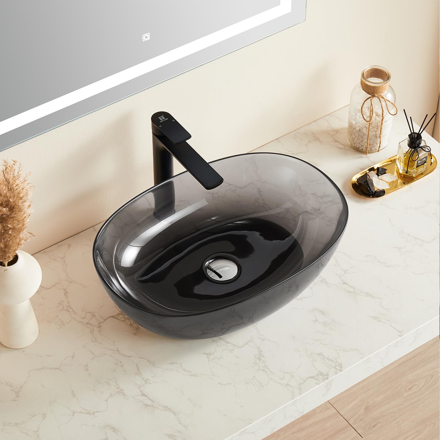 ARTSTONE 22 x 15 inch Bathroom Sink and Pop Up Drain Combo, Vessel Sink Countertop, Resin Sink Above Counter, Art Basin Sink, Transparent Black