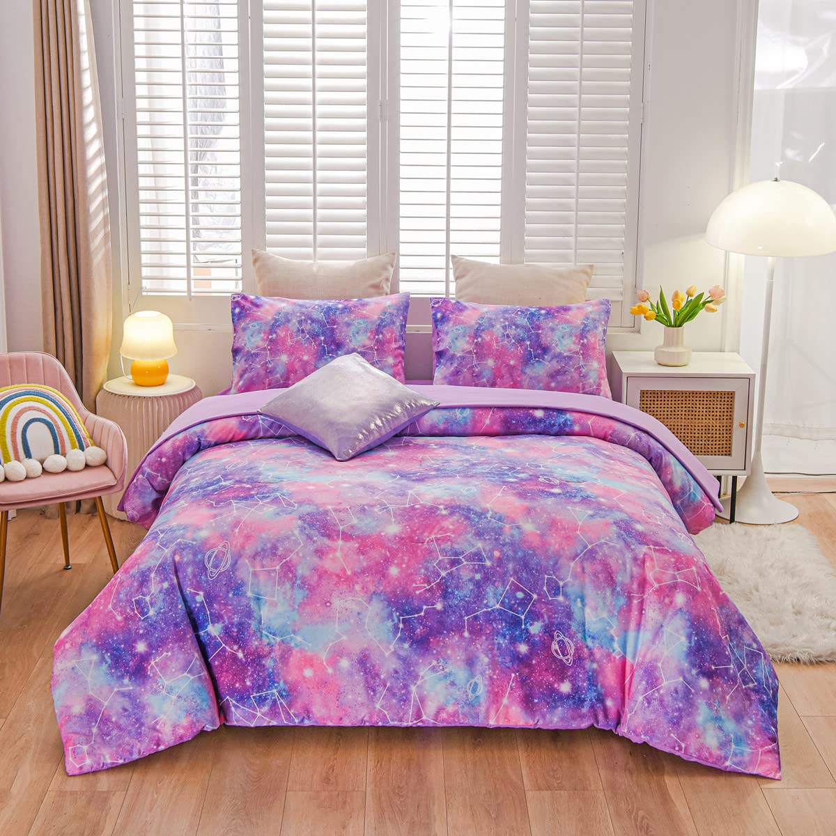 NTBED Galaxy Comforter Set Soft Microfiber Constellation Glitter Printing Bedding Sets for Teens Boys Girls Kids (Purple, Twin6pcs)