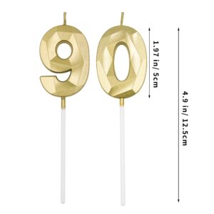 90th Birthday Candles for Cake, Gold Number 90 3D Diamond Shaped Candle Birthday Decorations Party Supplies for Women or Men