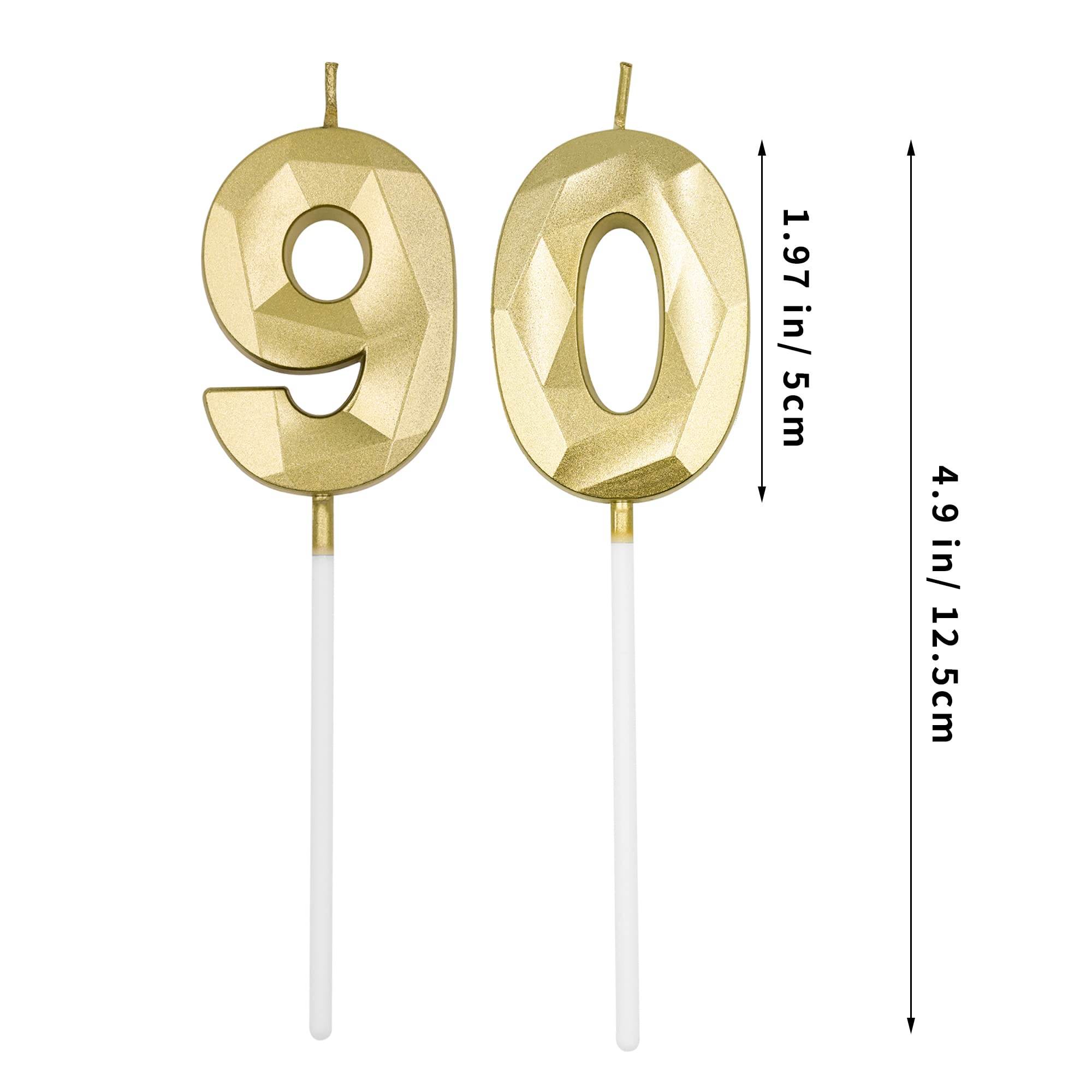 90th Birthday Candles for Cake, Gold Number 90 3D Diamond Shaped Candle Birthday Decorations Party Supplies for Women or Men