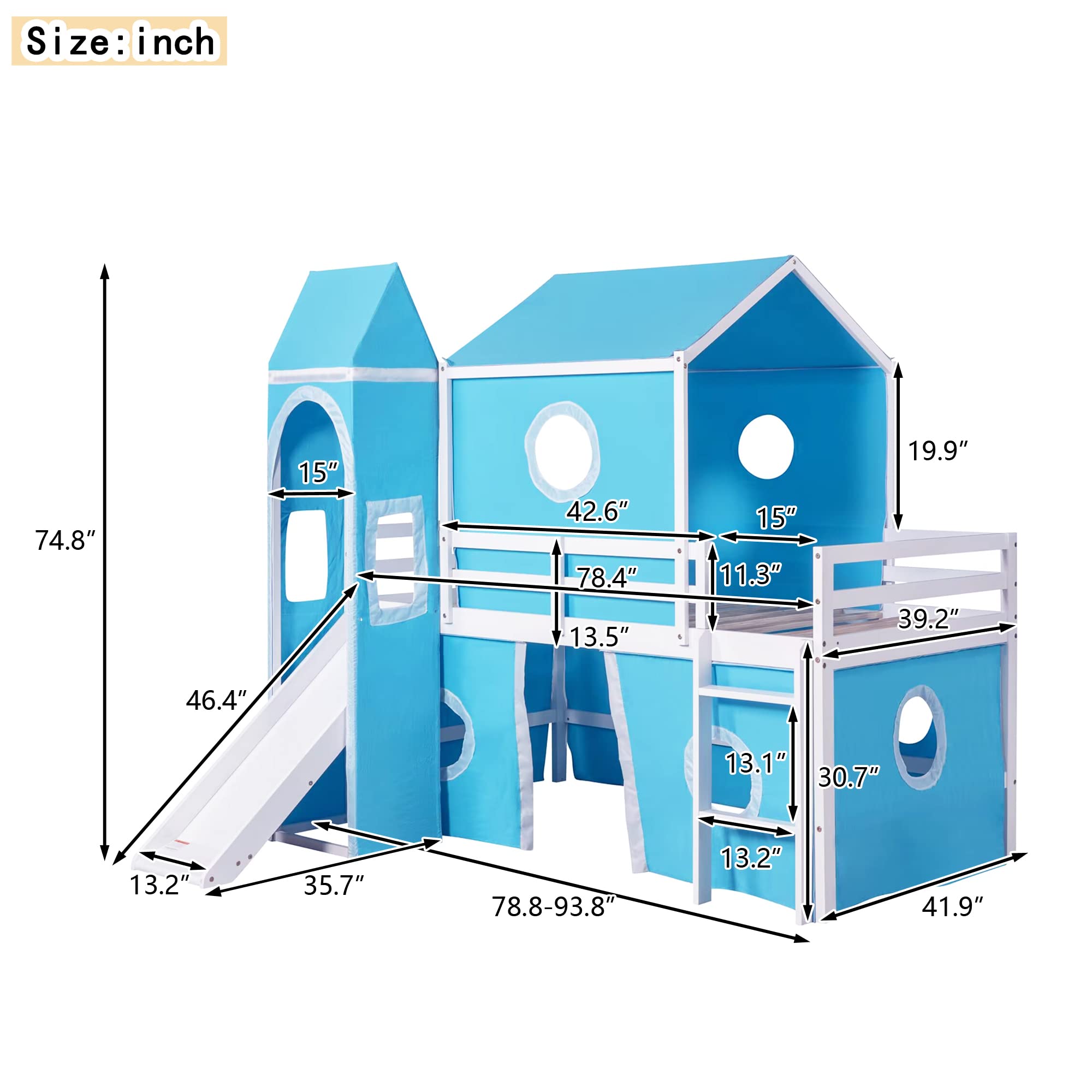 Bellemave Low Loft Bed with Slide and Curtains Twin Over Twin Floor Bunk Bed with House Shape Tent and Tower, Wood Castle Style Loft Beds for Kids Boys Girls, Blue