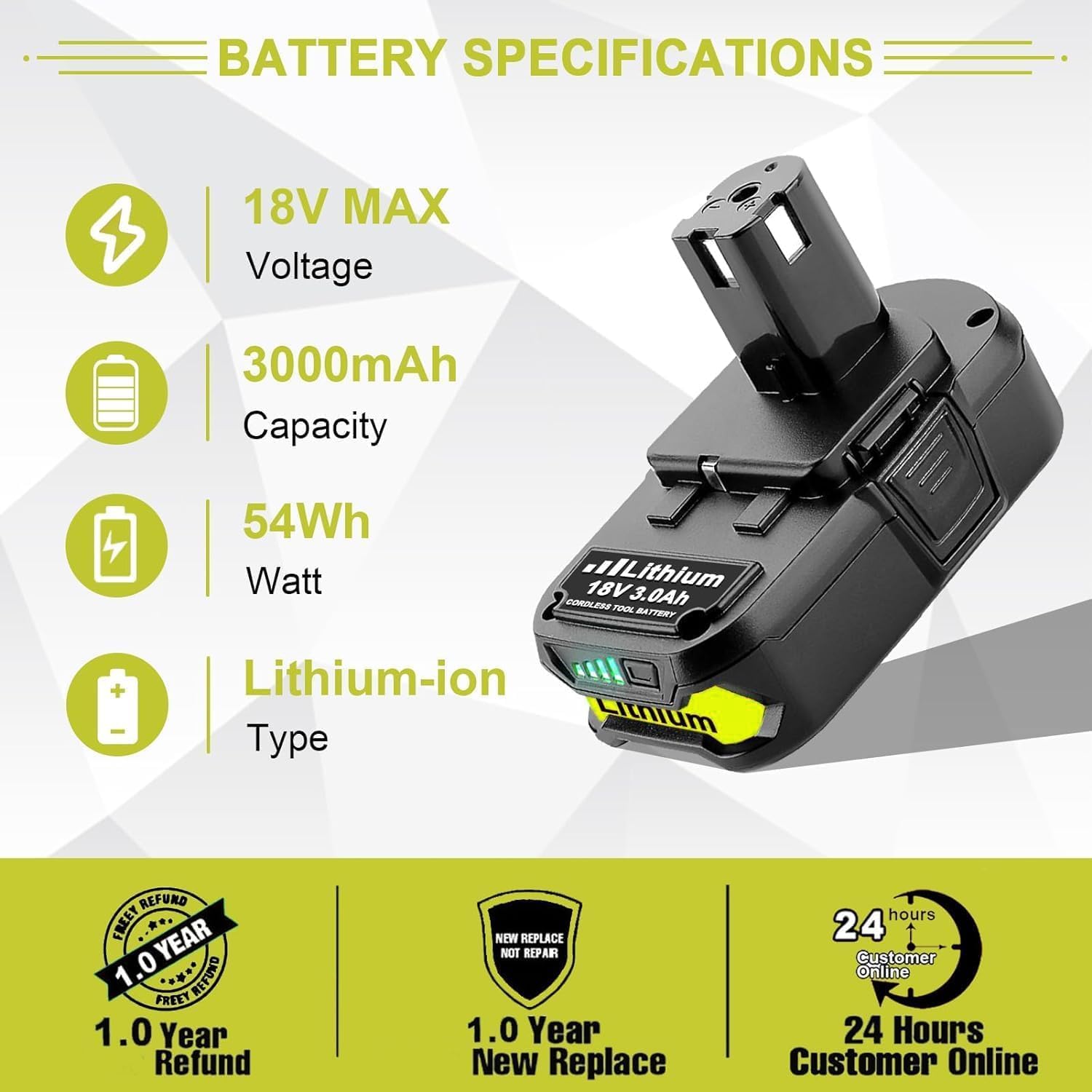 VANTTECH 2Pack P102 18V 3.0Ah Lithium Replacement Battery & P117 3A Fast Charger Compatible for Ryobi 18V Battery P103 P104 P105 P107 P108 P109 Compatible with Ryobi 18Volt Plus Power Cordless Tools