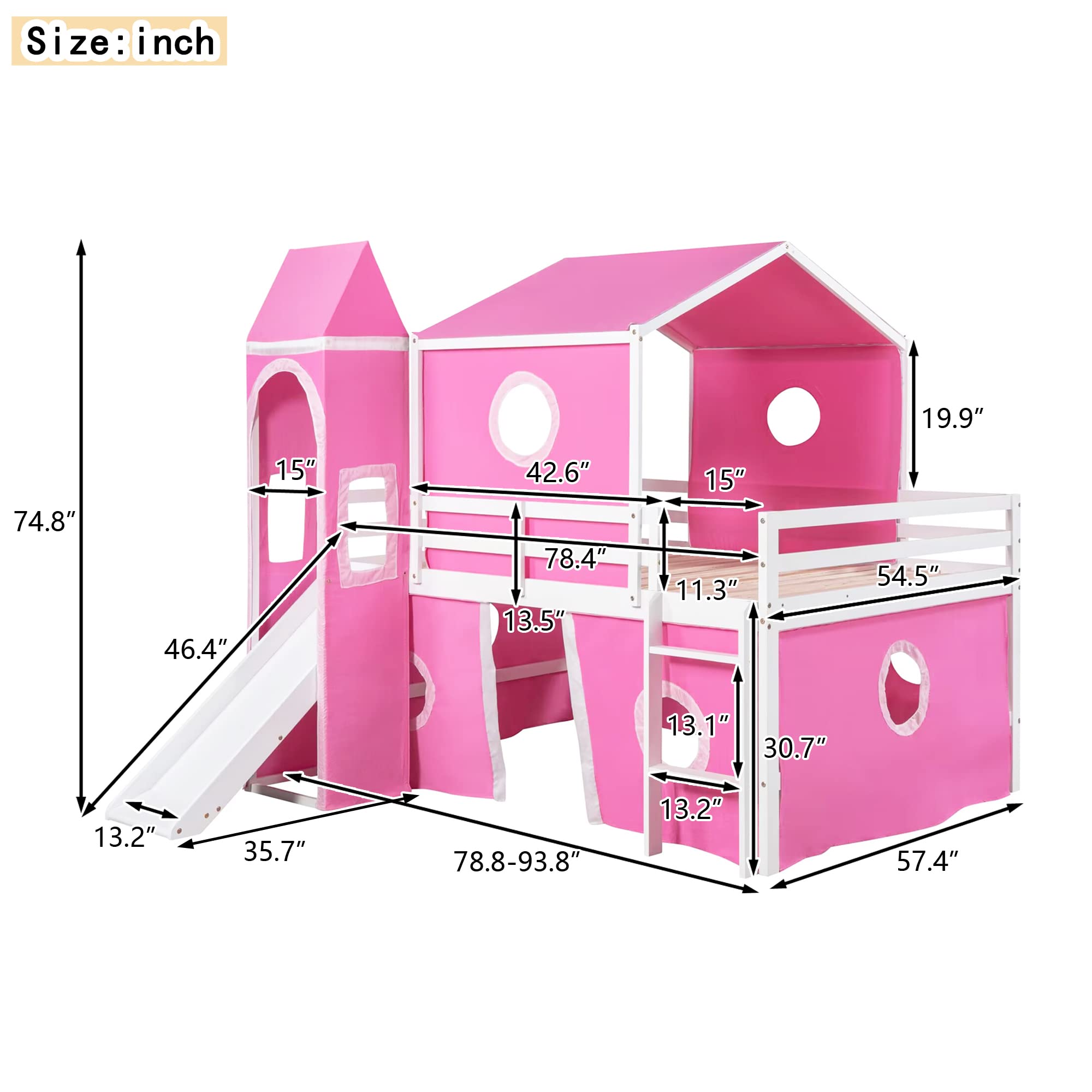 Harper & Bright Designs Full Size Low Loft Bed with Slide & Curtains and Tower, Solid Wood Loft Bed Frame with Tent, Full Over Full Floor Bunk Bed for Kids Girls Boys (Pink)