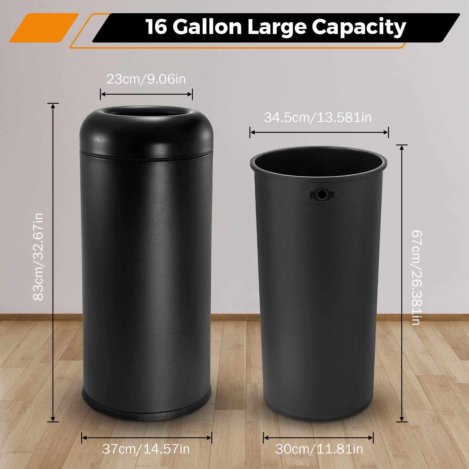 BEAMNOVA Commercial Trash Can,60L Large Capacity Baking Paint Craft Matte Black Stainless Steel Trash Can Outdoo Indoor Garbage Enclosure with Lid Inside Cabinet Industrial Waste Container