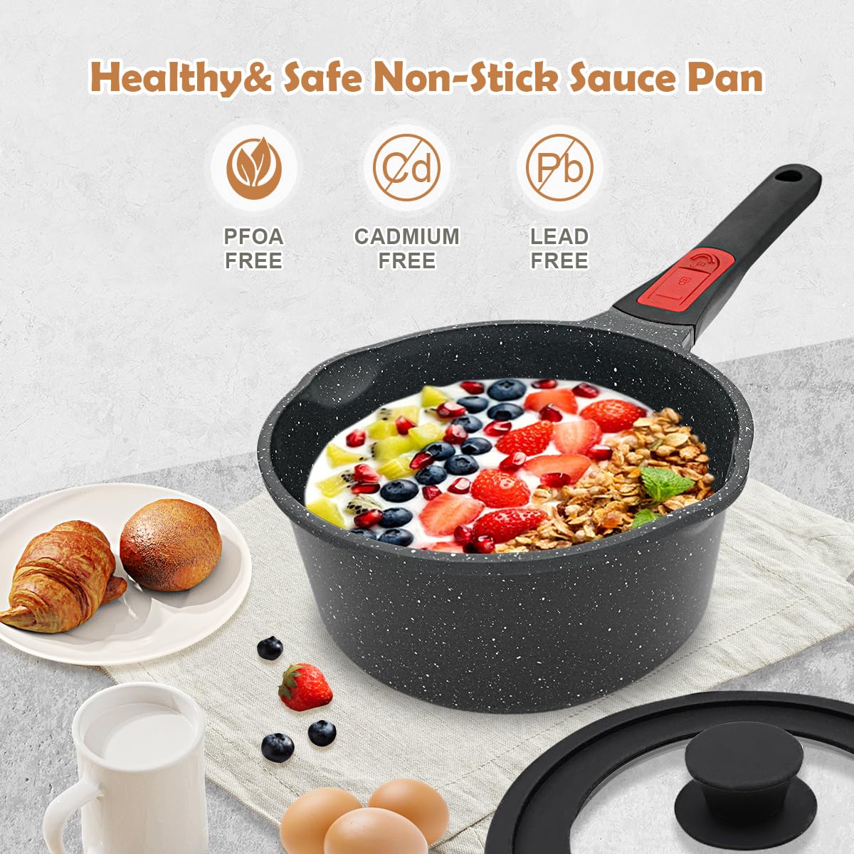 Bobikuke 1.8 Quart Saucepan with Lid, Nonstick Sauce Pan Small Soup Pots for Cooking, Sauce Pot with Lid Compatible for All Stoves, Milk Pan with Removeable Handle, Oven& Dishwasher Safe(Black)