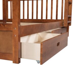 Harper & Bright Designs Full Over Full Bunk Bed with Storage Drawers, Solid Pine Wood Frame and Ladder with Guard Rails for Kids, Teens, Boys and Girls, No Box Spring Needed, Bunk Bed Walnut