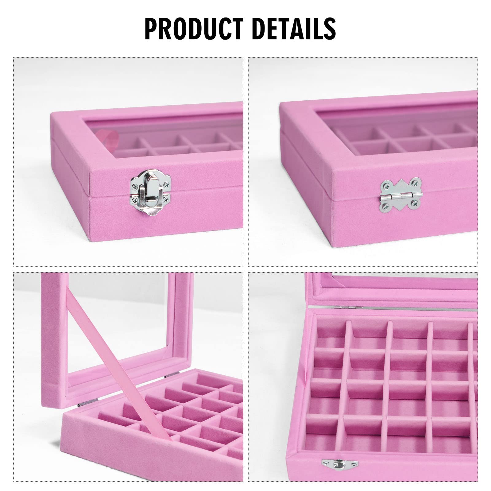 Vicoter Velvet Jewelry Box 24 Grid Jewelry Ring Display Organiser Box Tray Holder Earrings Storage Case for Girls Wife Mom Women (Pink)