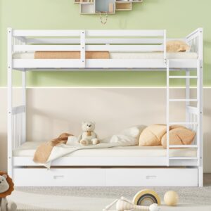 Harper & Bright Designs Twin Over Twin Bunk Bed with Storage Drawers, Solid Pine Wood Frame and Ladder with Guard Rails for Kids, Teens, Boys and Girls, No Box Spring Needed, Bunk Bed White