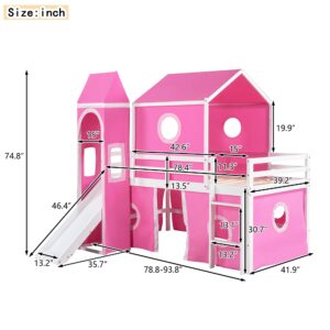 Bellemave Low Full Loft Bed with Slide and Curtains, Full Over Full Floor Bunk Bed with House Shape Tent and Tower, Wood Castle Style Loft Beds for Kids Boys Girls, Pink