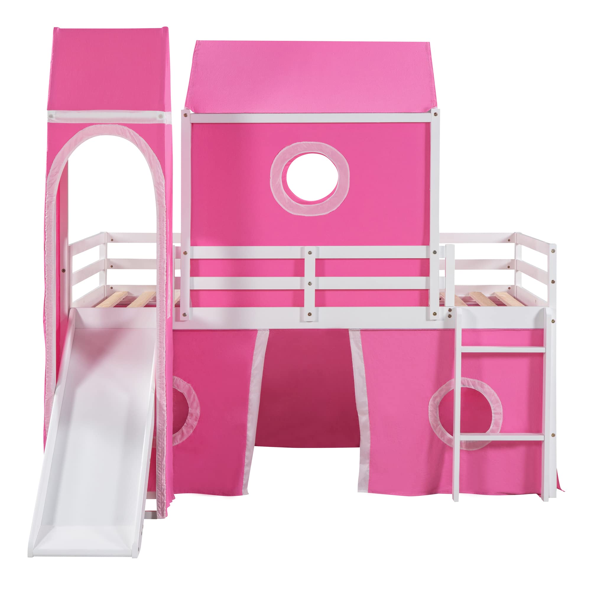 Bellemave Low Full Loft Bed with Slide and Curtains, Full Over Full Floor Bunk Bed with House Shape Tent and Tower, Wood Castle Style Loft Beds for Kids Boys Girls, Pink