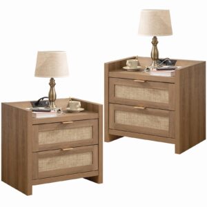 sicotas night stand set of 2 - rattan nightstands with type-c charging station, 2 rattan drawers - boho wood bed side end table for small space - natural oak