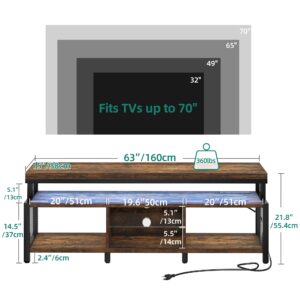 YITAHOME LED Television Stands w/Power Outlets for 70/65 inch, Modern Industrial TV Stand, Entertainment Center w/Open Storage, Entertainment Center for 360lbs for Living Room, Retro Brown